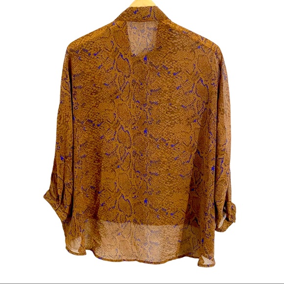 Fab’rik Brown & Blue Semi Sheer Snake Print Button Down Blouse, Size Medium - Picture 2 of 10